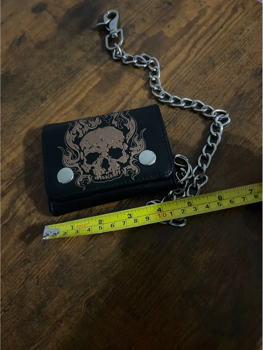 Black Skull Print Chain Wallet Snap Closure Goth grunge Rock